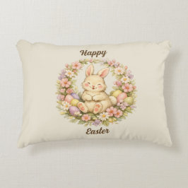 Vintage Happy Easter Bunny Floral Wreath アクセントクッション