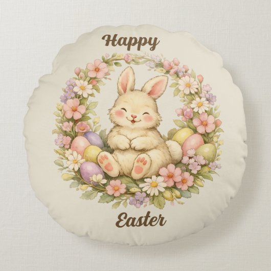 Vintage Happy Easter Bunny Floral Wreath ラウンドクッション (正面)