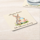 Vintage Happy Easter Bunny with Egg Family  スクエアペーパーコースター (アングル)