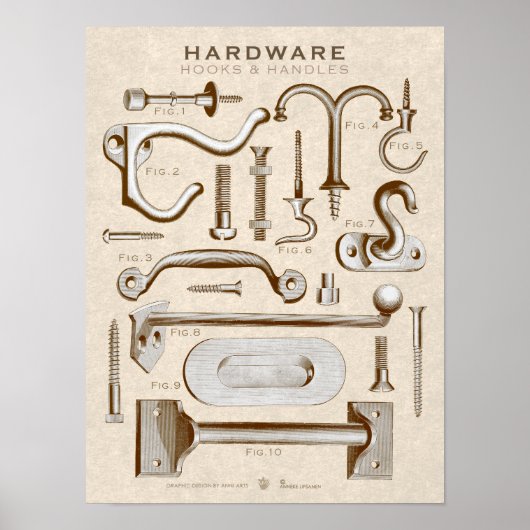 Vintage Hardware Poster Hooks-Handles AntiqueSepia ポスター (正面)
