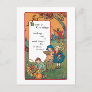 Vintage Harvest Children and Thanksgiving Verse シーズンポストカード