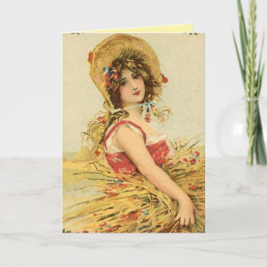 Vintage Harvest Woman Greeting Card カード (正面)