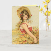 Vintage Harvest Woman Greeting Card カード (黄色い花)