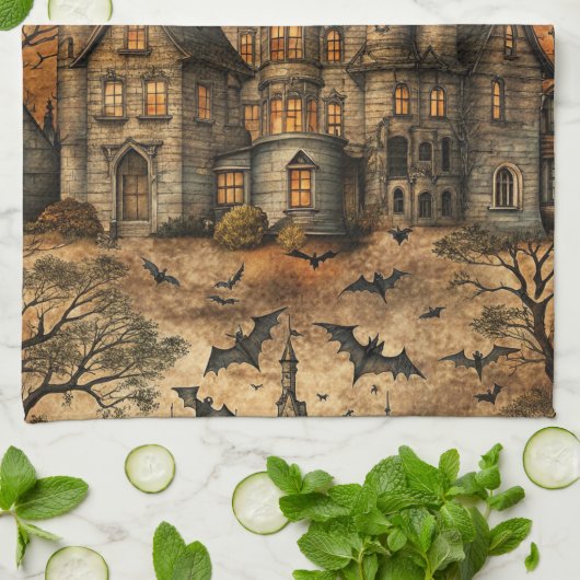 Vintage Haunted House (2) キッチンタオル (折り畳み)