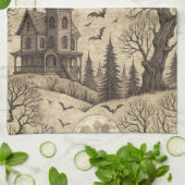 Vintage Haunted House & Full Moon キッチンタオル (折り畳み)