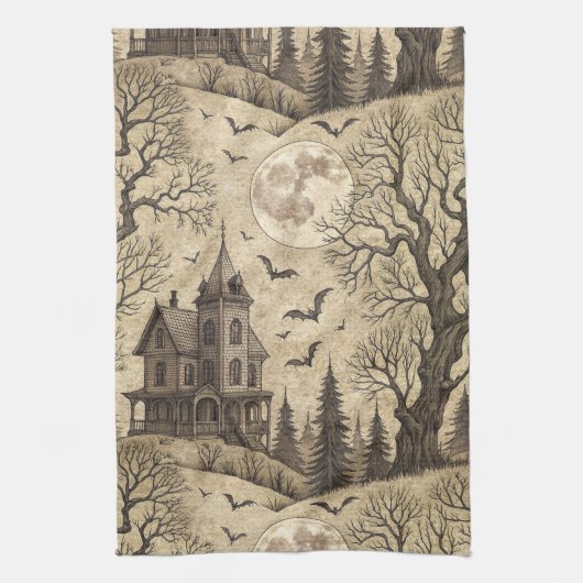 Vintage Haunted House & Full Moon キッチンタオル (縦)