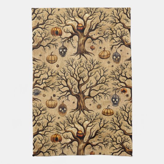 Vintage Haunted Trees & Pumpkin Lanterns Pattern キッチンタオル (縦)