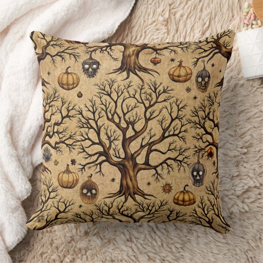 Vintage Haunted Trees & Pumpkin Lanterns Pattern クッション (ブランケット)