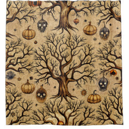 Vintage Haunted Trees & Pumpkin Lanterns Pattern シャワーカーテン