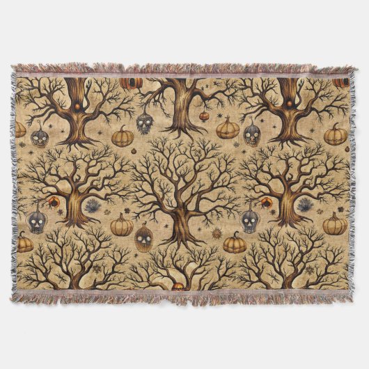 Vintage Haunted Trees & Pumpkin Lanterns Pattern スローブランケット (正面)