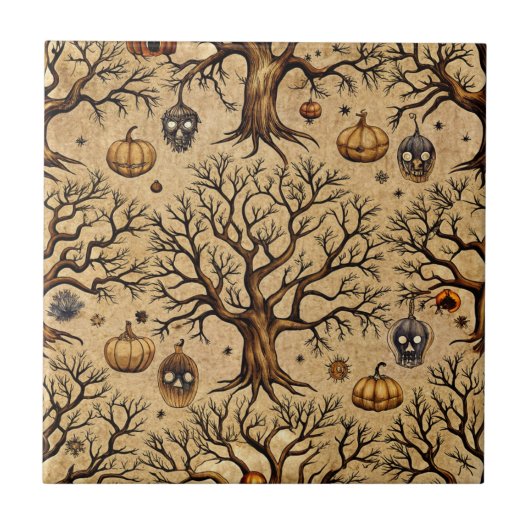 Vintage Haunted Trees & Pumpkin Lanterns Pattern タイル (正面)