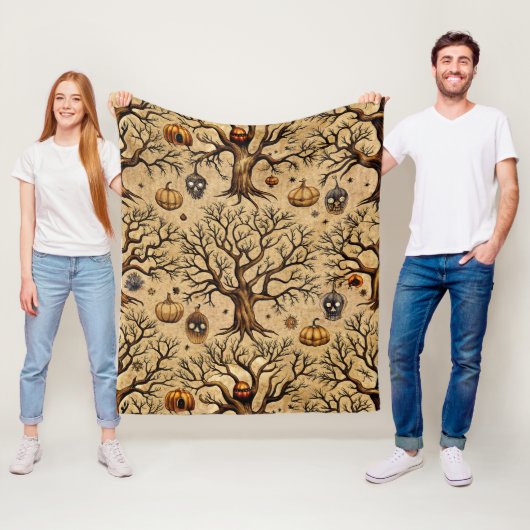 Vintage Haunted Trees & Pumpkin Lanterns Pattern フリースブランケット (インサイチュ)