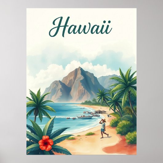 Vintage Hawaii Travel Illustration ポスター (正面)
