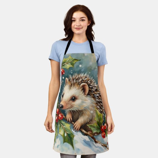 Vintage Hedgehog Among Holly Christmas エプロン (着用した状態)