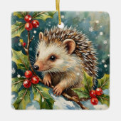 Vintage Hedgehog Among Holly Christmas セラミックオーナメント (正面)