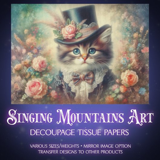 Vintage Heirloom Botanical Kitten Decoupage  薄葉紙