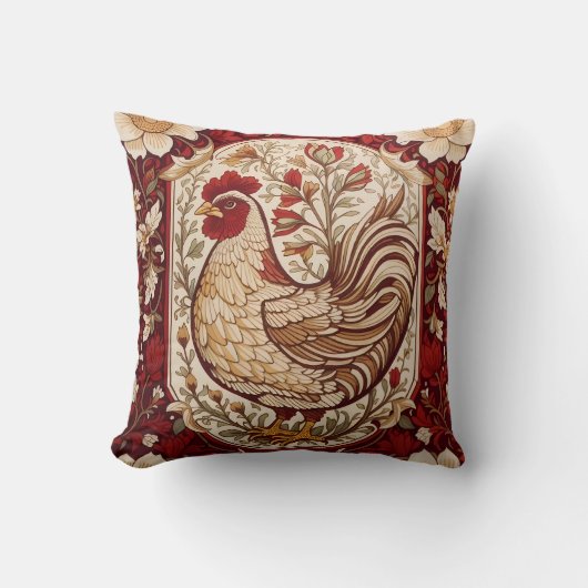 Vintage Hen Red and Cream Floral クッション (正面)