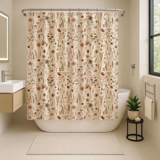 Vintage Herbarium Pressed Flower Boho Shower シャワーカーテン