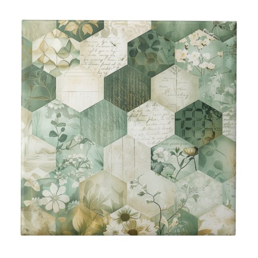 Vintage Hexagon Botanical Patchwork タイル (正面)
