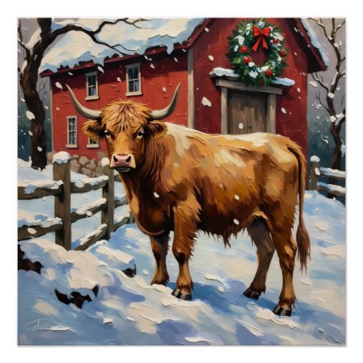 Vintage Highland Cow at Snowy Christmas Barn ポスター (正面)