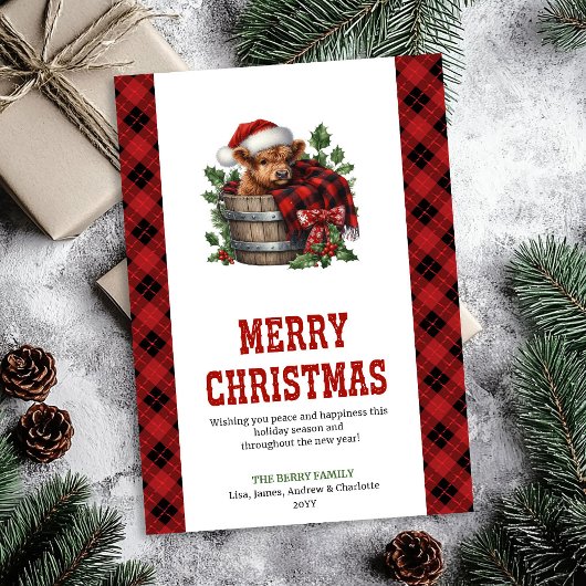 Vintage highland cow Christmas card red green シーズンカード