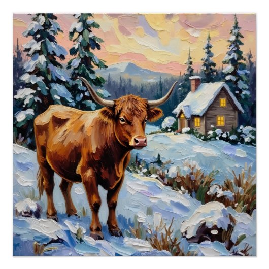 Vintage Highland Cow in Snowy Christmas Meadow ポスター (正面)