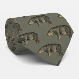 Vintage Hippos on Army Green Linen ネクタイ