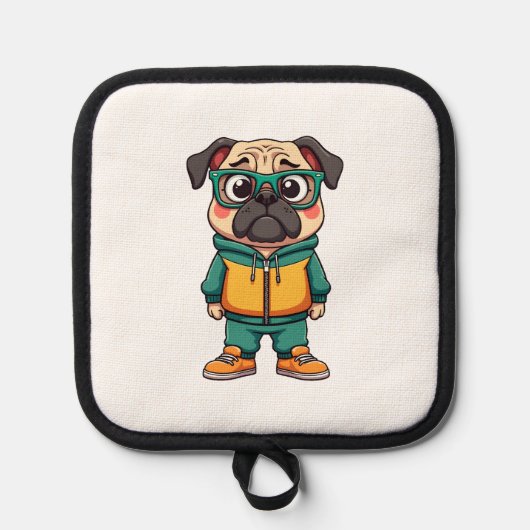 Vintage Hipster Pug Dog Cartoon Streetwear Graphic 鍋敷き (正面)