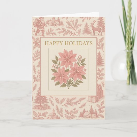 Vintage Holiday Card with Pink Poinsettias カード (正面)