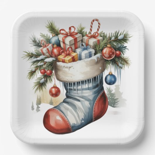 VINTAGE HOLIDAY CHRISTMAS STOCKING & PRESENTS ペーパープレート (正面)