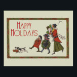 Vintage Holiday Shopping ポスター<br><div class="desc">Vintage Holiday Shopping This vintage Christmas card shows a family coming home with gifts! Christmas is certainly looking wonderful this year! Mommy is holding a big armful of gifts, the older girl has a Christmas wreath, and the younger child has a candy cane. The little doggy is running out front...</div>