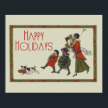 Vintage Holiday Shopping ポスター<br><div class="desc">Vintage Holiday Shopping This vintage Christmas card shows a family coming home with gifts! Christmas is certainly looking wonderful this year! Mommy is holding a big armful of gifts, the older girl has a Christmas wreath, and the younger child has a candy cane. The little doggy is running out front...</div>