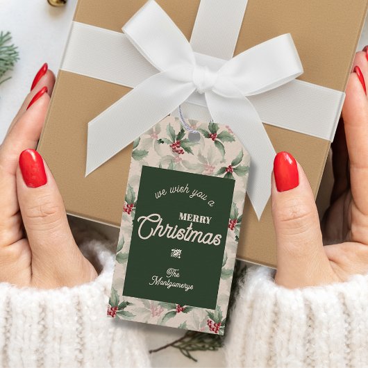 Vintage Holly and Berries Merry Christmas ギフトタグ