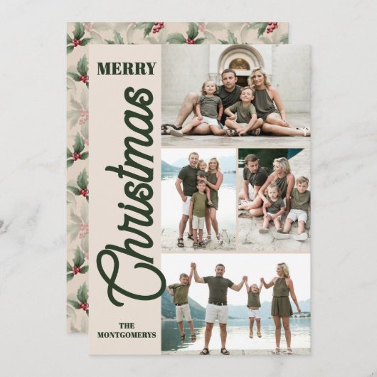 Vintage Holly and Berries Merry Christmas Photo シーズンカード (正面/裏面)