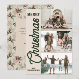 Vintage Holly and Berries Merry Christmas Photo シーズンカード