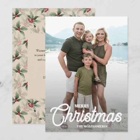 Vintage Holly Berries Merry Christmas Photo シーズンカード (正面/裏面)