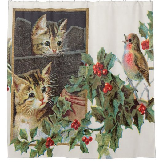 Vintage holly cats and bird  シャワーカーテン (正面)
