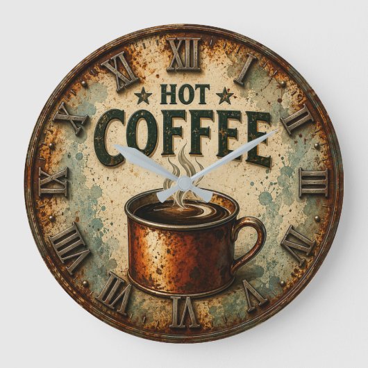 Vintage Hot Coffee Rustic Farmhouse Kitchen ラージ壁時計 (正面)