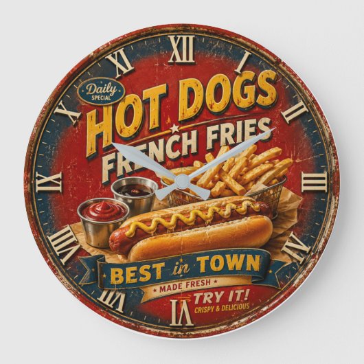 Vintage Hot Dogs & French Fries ラージ壁時計 (正面)