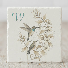 Vintage Hummingbird Botanical Initial Gift ストーンコースター