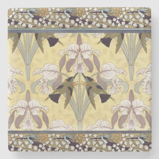 Vintage Hummingbird Orchid Art Nouveau Pattern ストーンコースター (正面)