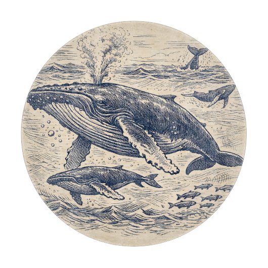 Vintage Humpback Whale Pod Engraving カッティングボード (正面)