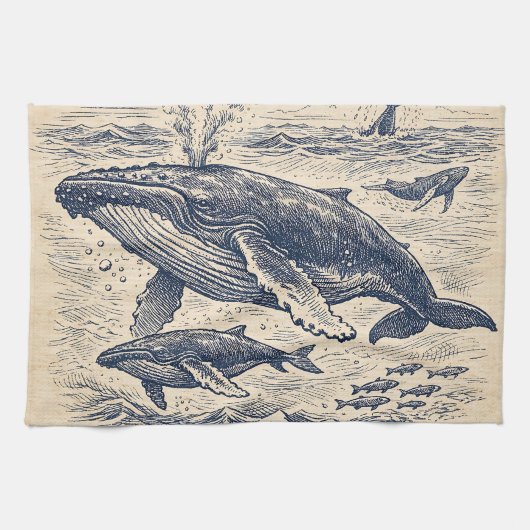 Vintage Humpback Whale Pod Engraving キッチンタオル (横)