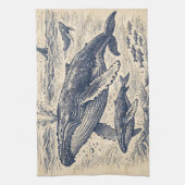Vintage Humpback Whale Pod Engraving キッチンタオル (縦)