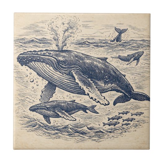 Vintage Humpback Whale Pod Engraving タイル (正面)
