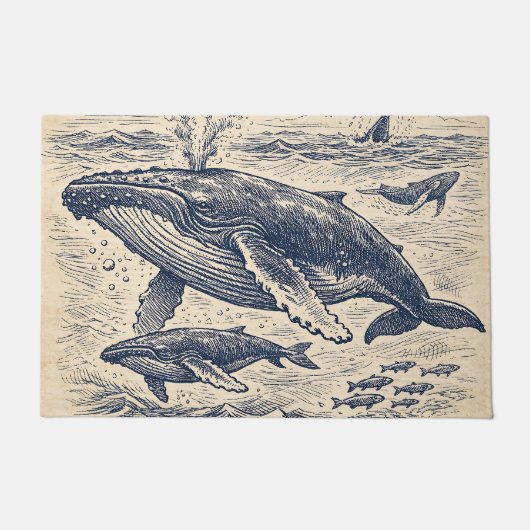 Vintage Humpback Whale Pod Engraving ドアマット (正面)