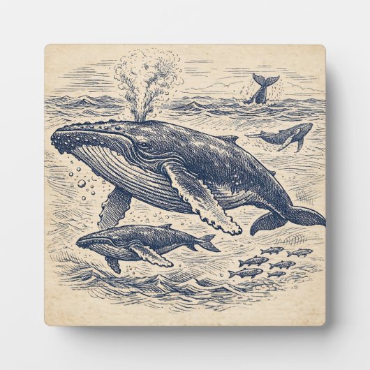 Vintage Humpback Whale Pod Engraving フォトプラーク (正面)