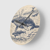 Vintage Humpback Whale Pod Engraving ラウンド壁時計 (傾斜)