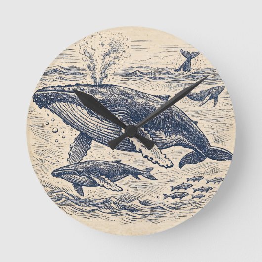 Vintage Humpback Whale Pod Engraving ラウンド壁時計 (正面)