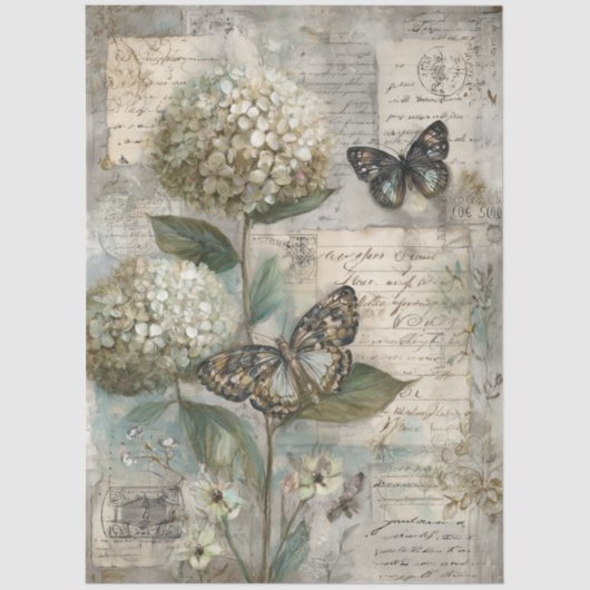 Vintage Hydrangea & Butterfly Ephemera Decoupage 薄葉紙 (正面)